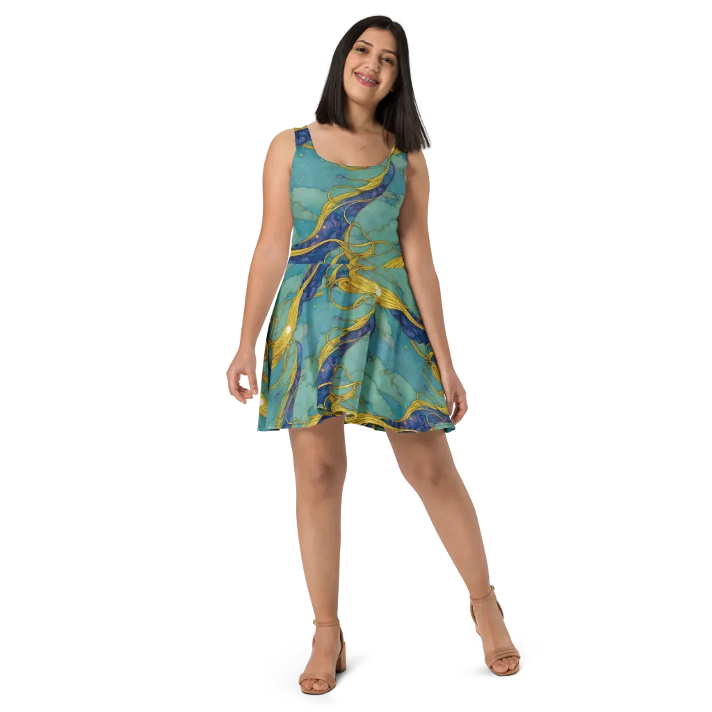 Aquatic Filigree on Skater Dress — Front