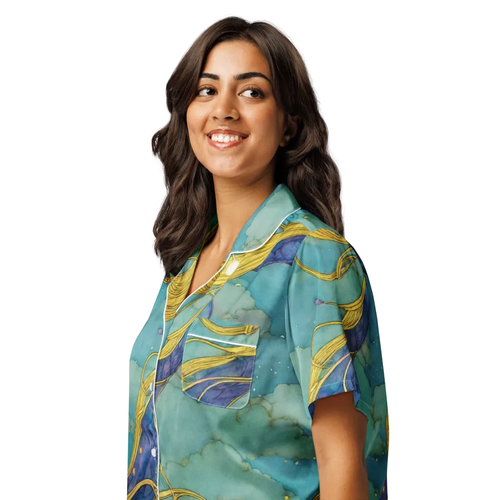 Aquatic Filigree on Women's Short Sleeve Pajama Top — Left Front