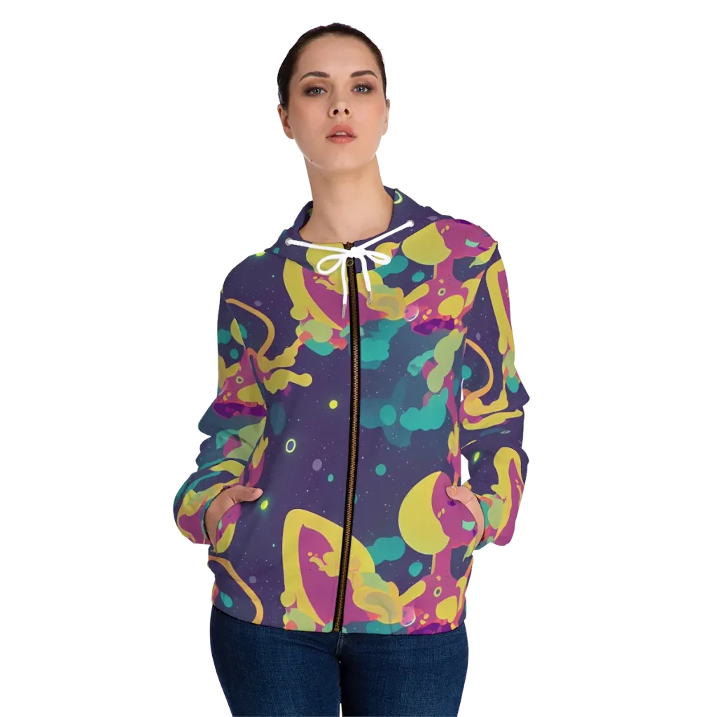 Cosmic Playroom on Women's Full-Zip Hoodie — Front On Person