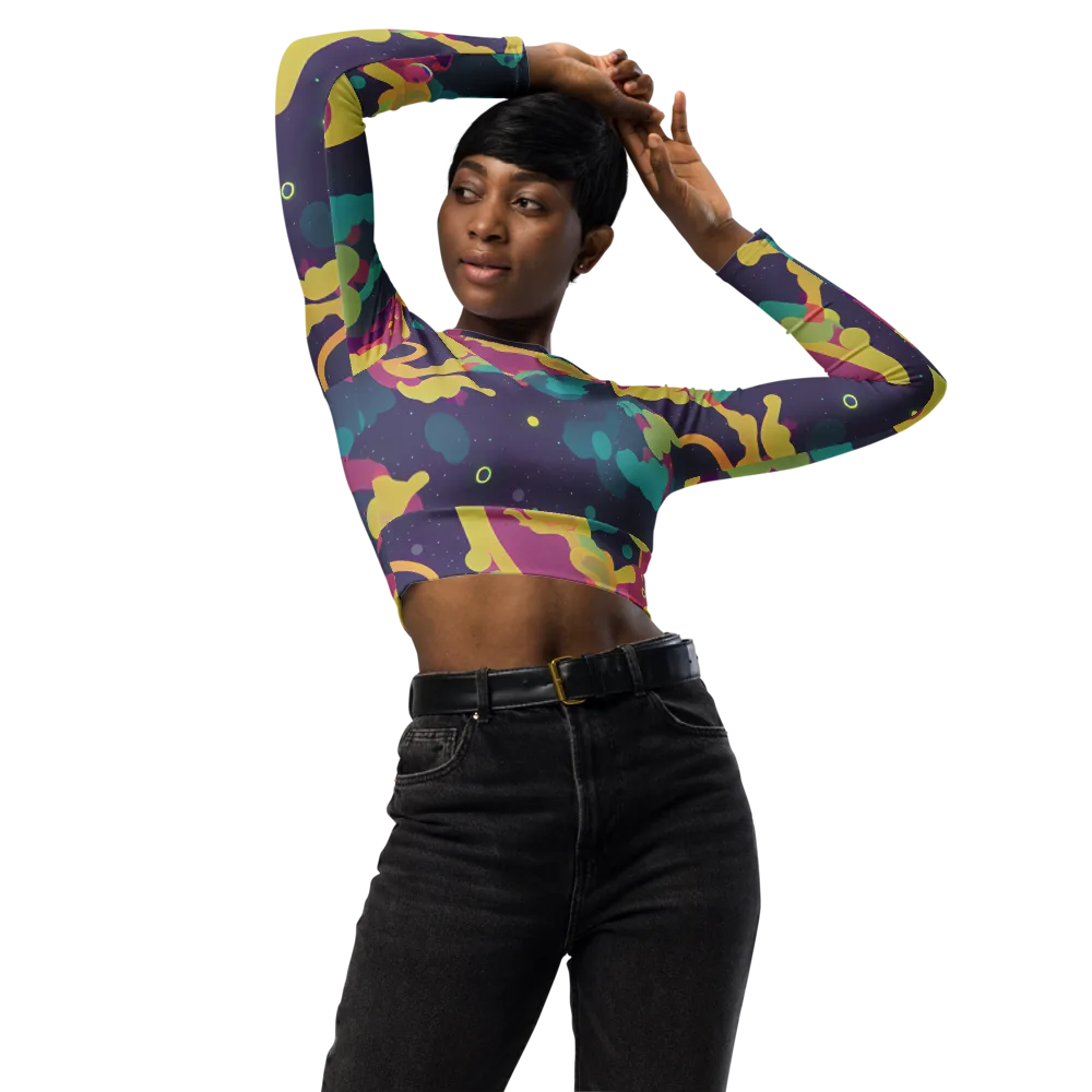 Cosmic Playroom on Long Sleeve Crop Top — Front