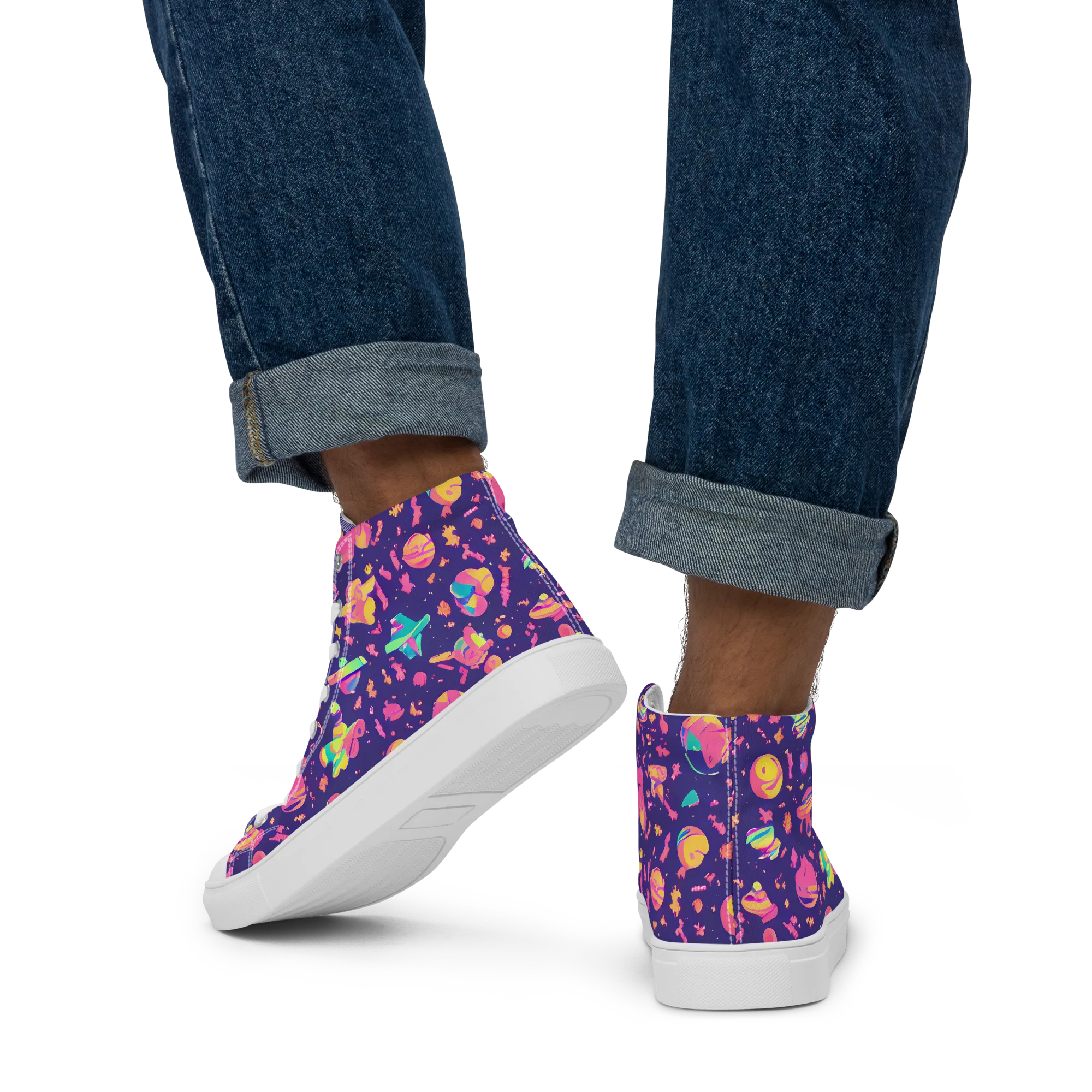 Cosmic Confetti on Men's High Top Canvas Shoes — Back