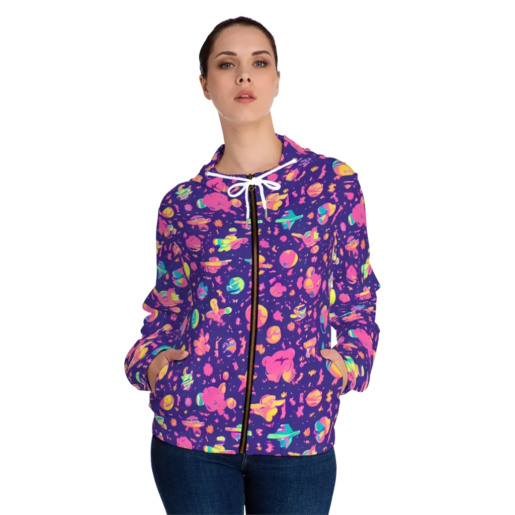 Cosmic Confetti on Women's Full-Zip Hoodie — Front On Person