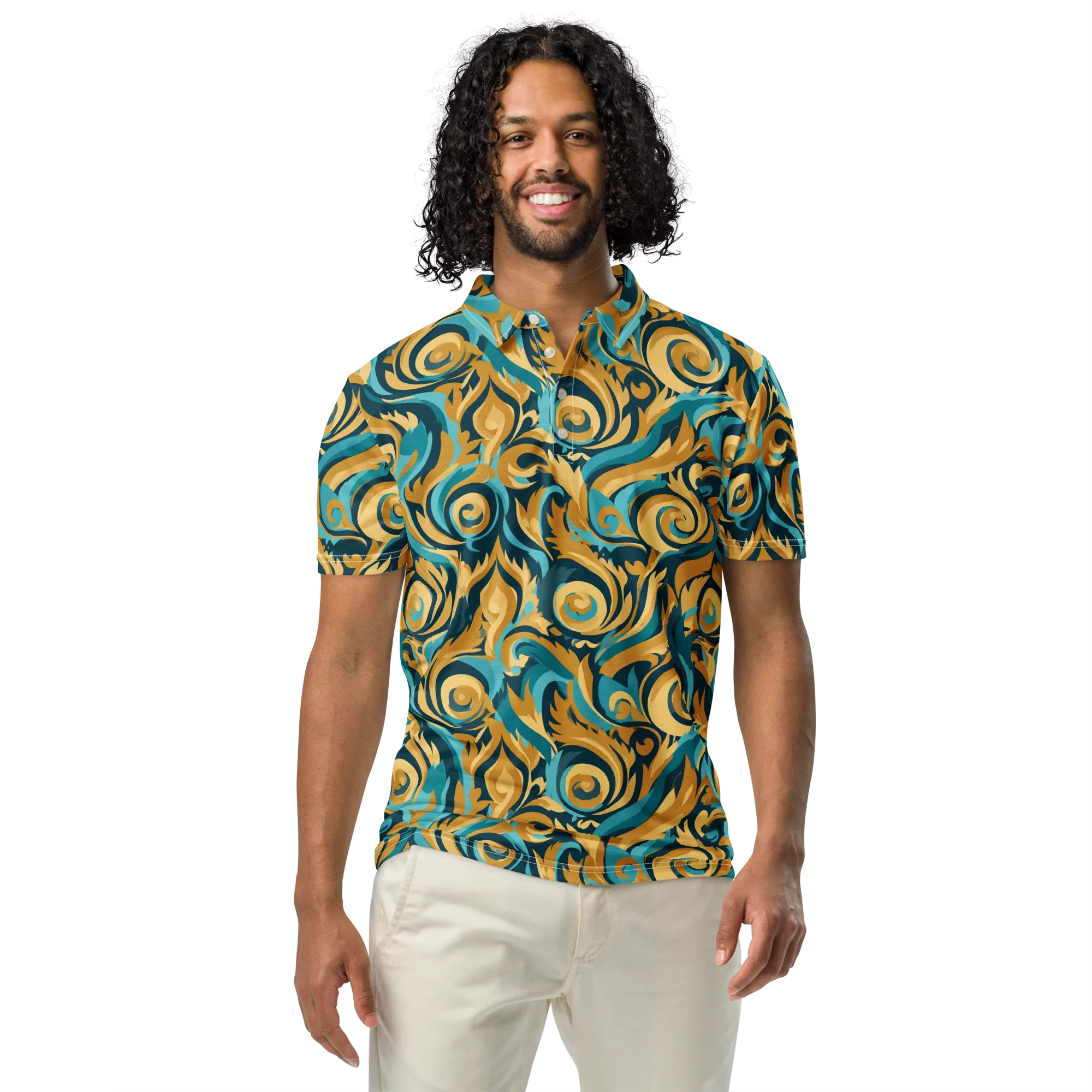 Turquoise Baroque on Men's Slim Fit Polo Shirt — Front