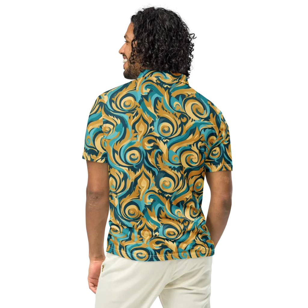 Turquoise Baroque on Men's Slim Fit Polo Shirt — Back