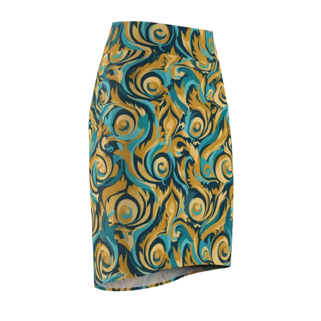 Turquoise Baroque on Pencil Skirt — Front Side