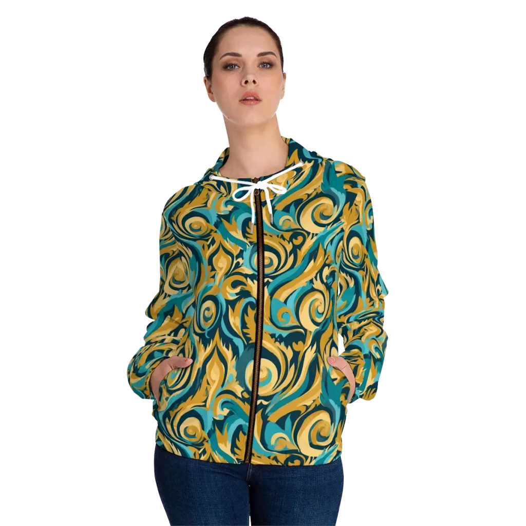 Turquoise Baroque on Women's Full-Zip Hoodie — Front On Person