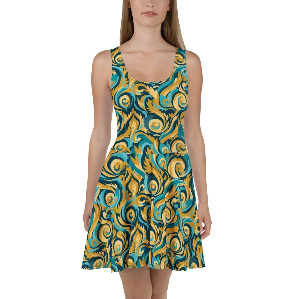 Turquoise Baroque on Skater Dress — Front