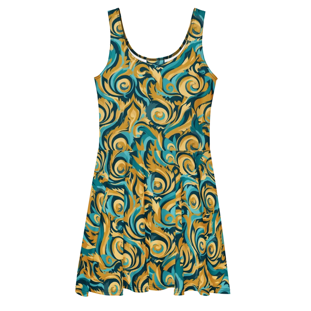 Turquoise Baroque on Skater Dress — Front