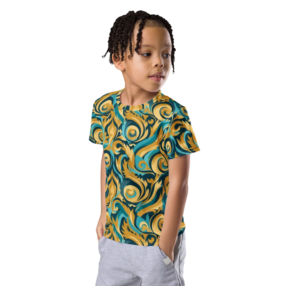 Turquoise Baroque on Kids Crew Neck T-Shirt — Left Front