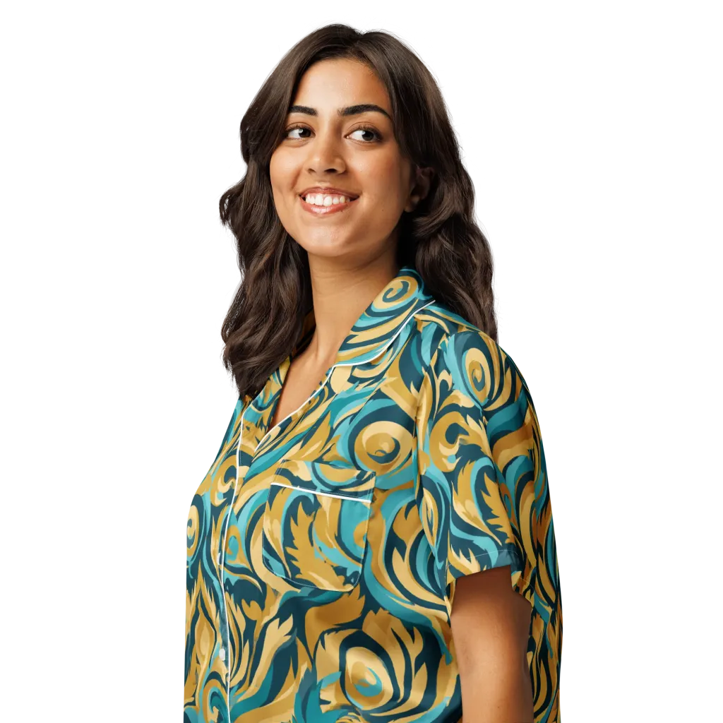 Turquoise Baroque on Women's Short Sleeve Pajama Top — Left Front