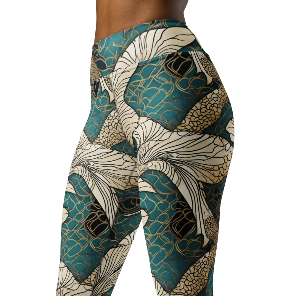 Aqua Filigree on Yoga Leggings — Left Front