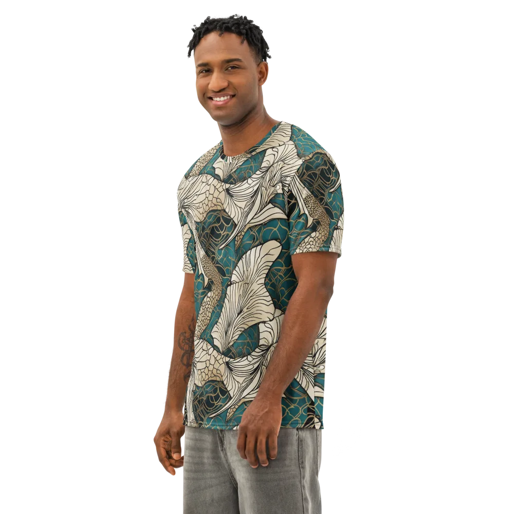 Aqua Filigree on Men's Cotton Crew Neck T-Shirt — Left Front