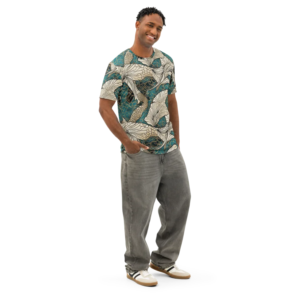 Aqua Filigree on Men's Cotton Crew Neck T-Shirt — Right Front