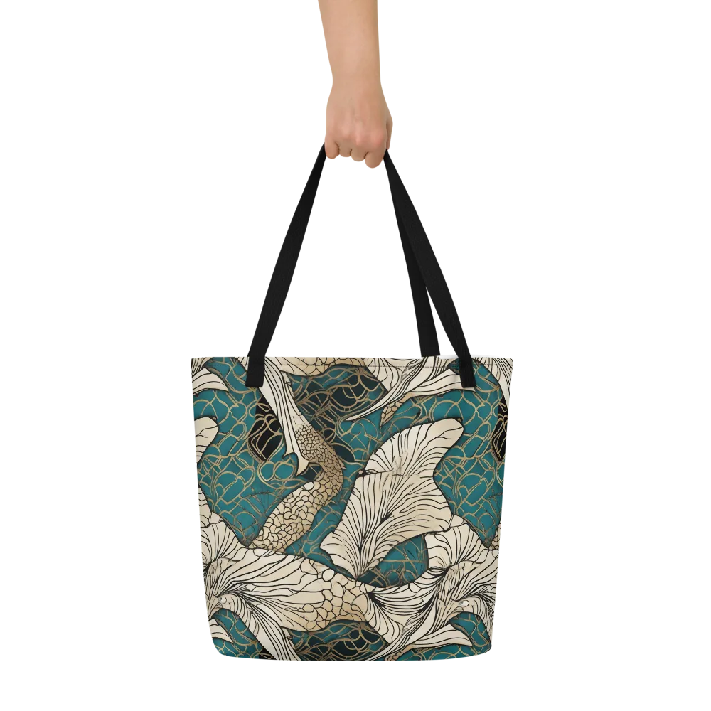 Aqua Filigree on Large Tote Bag W/ Pocket — Front