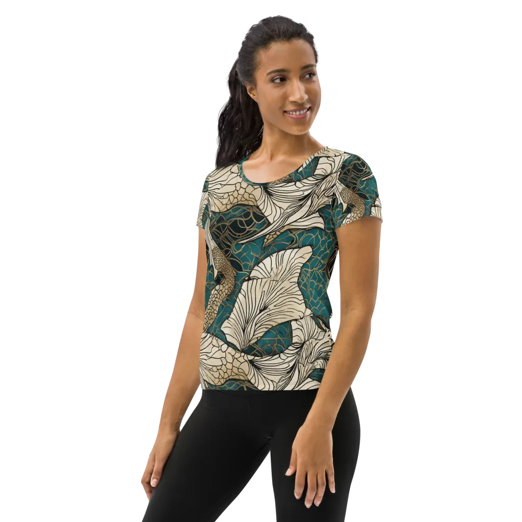 Aqua Filigree on Women's Athletic T-Shirt — Left