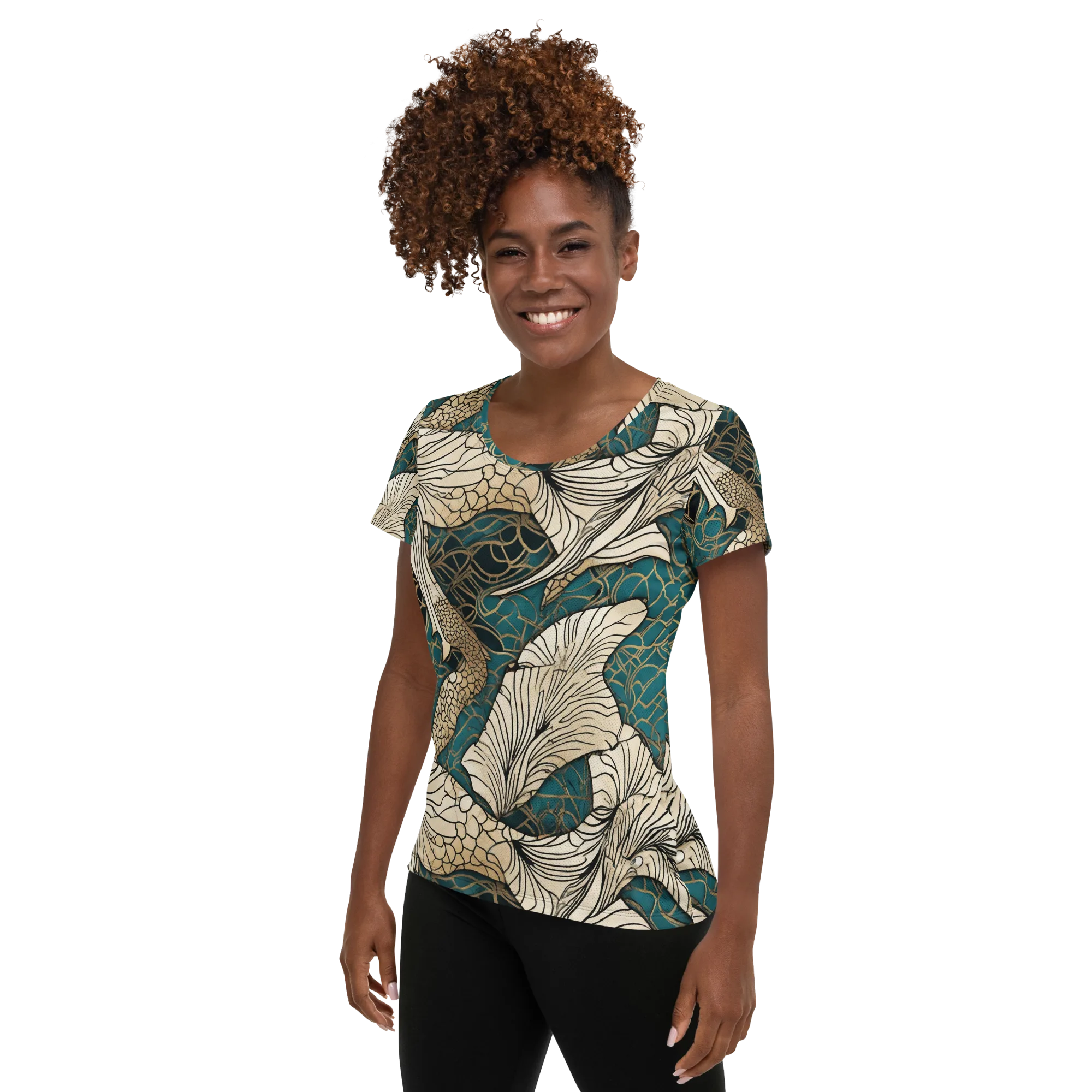 Aqua Filigree on Women's Athletic T-Shirt — Left