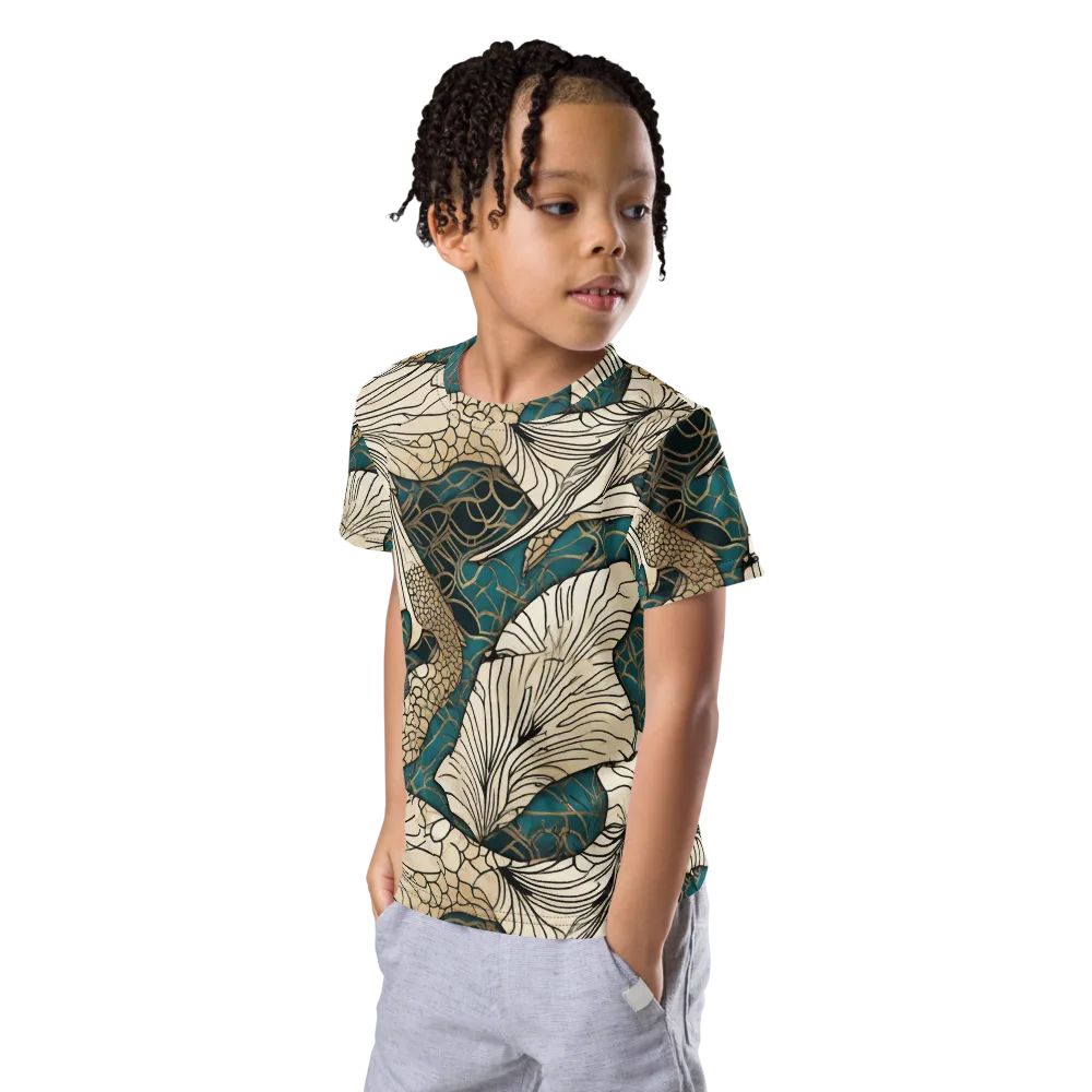 Aqua Filigree on Kids Crew Neck T-Shirt — Left Front