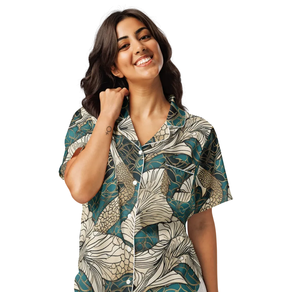 Aqua Filigree on Women's Short Sleeve Pajama Top — Front