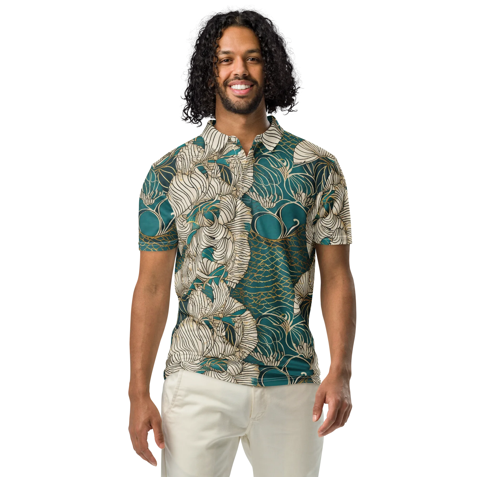 Teal Tidal Bloom on Men's Slim Fit Polo Shirt — Front