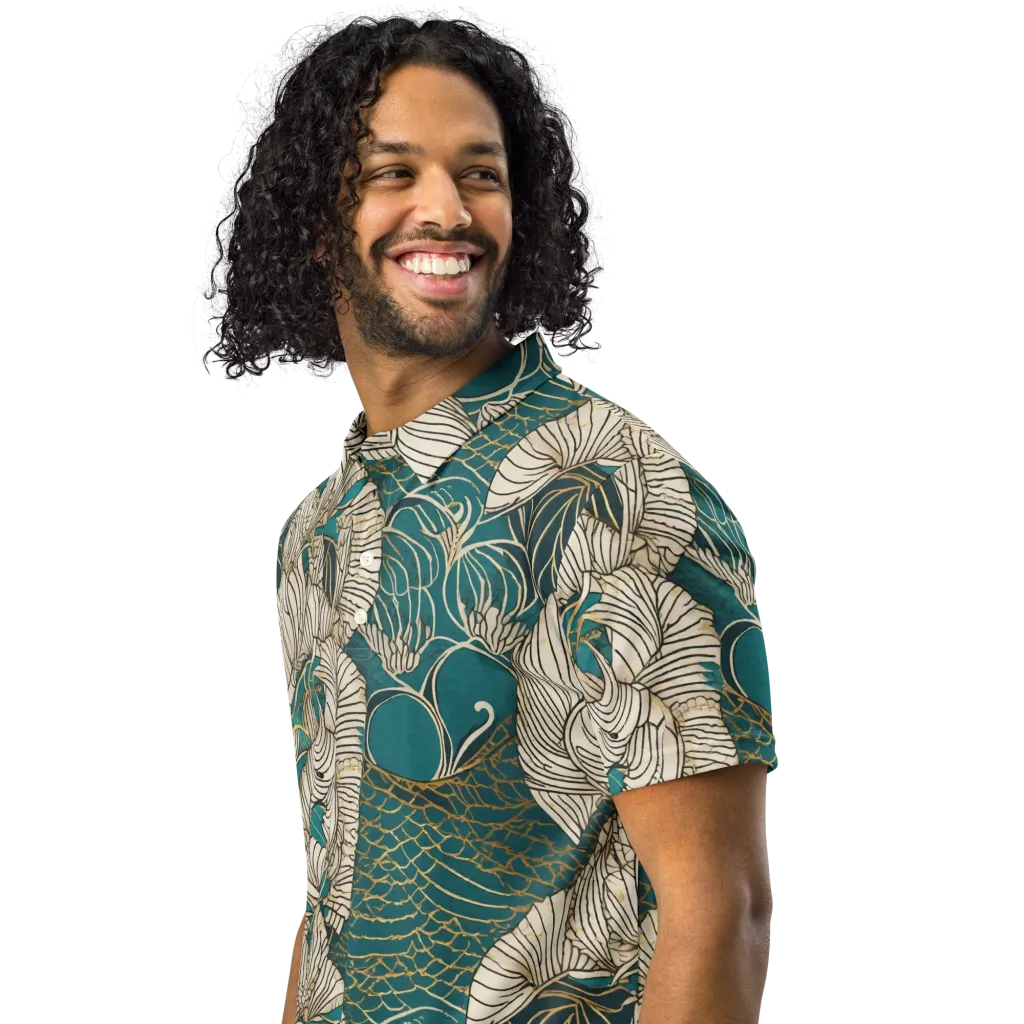 Teal Tidal Bloom on Men's Slim Fit Polo Shirt — Left Front