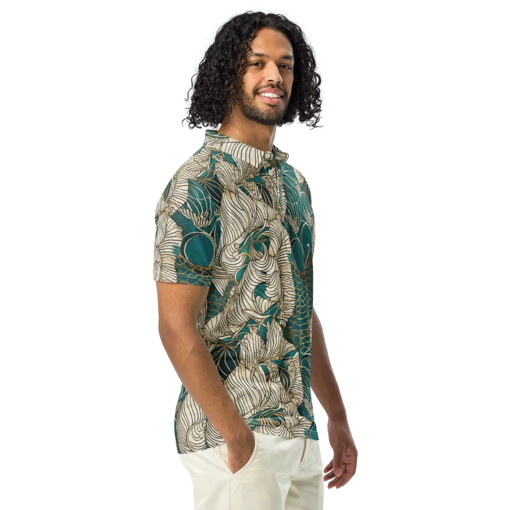 Teal Tidal Bloom on Men's Slim Fit Polo Shirt — Right Front