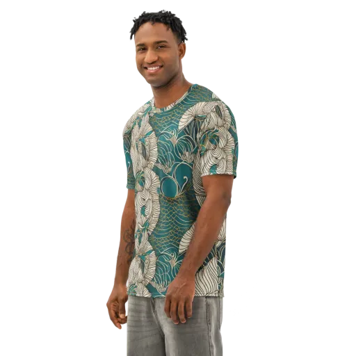 Teal Tidal Bloom on a Men's Cotton Crew Neck T-Shirt