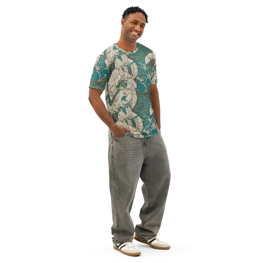 Teal Tidal Bloom on Men's Cotton Crew Neck T-Shirt — Right Front