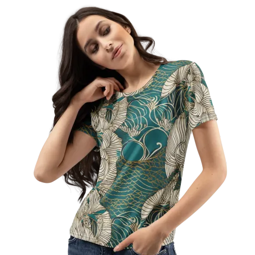 Teal Tidal Bloom on a Women's Crew Neck T-Shirt