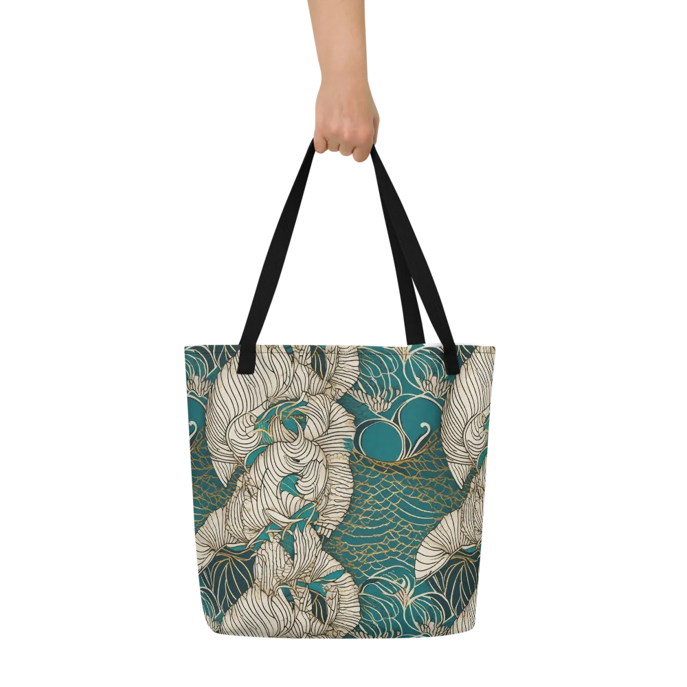Teal Tidal Bloom on Large Tote Bag W/ Pocket — Front