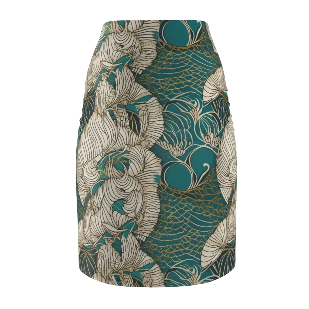 Teal Tidal Bloom on Pencil Skirt — Back