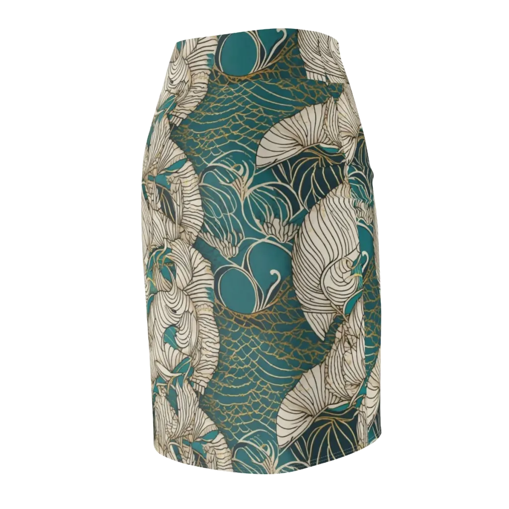 Teal Tidal Bloom on Pencil Skirt — Back Side