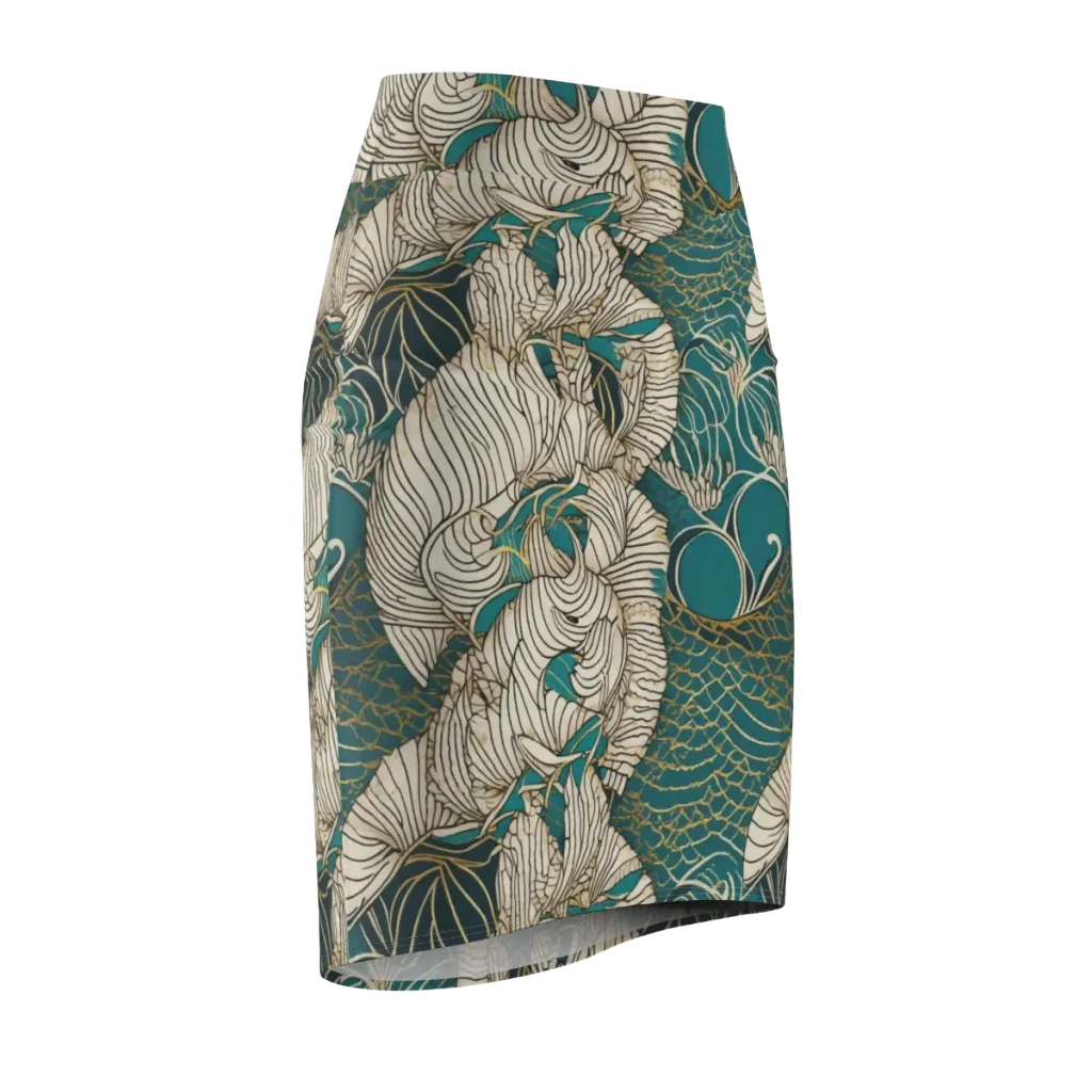 Teal Tidal Bloom on Pencil Skirt — Front Side
