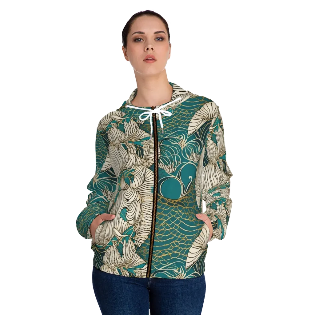 Teal Tidal Bloom on Women's Full-Zip Hoodie — Front On Person