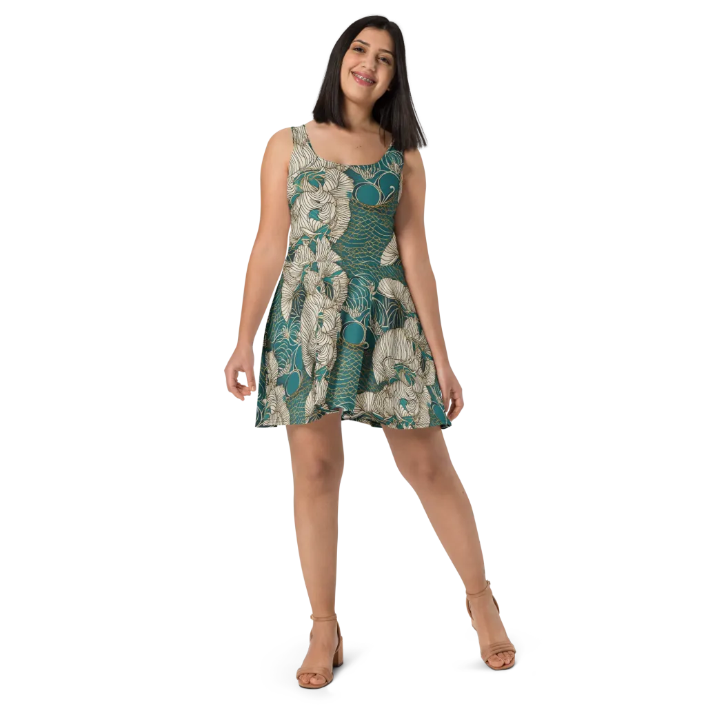 Teal Tidal Bloom on Skater Dress — Front