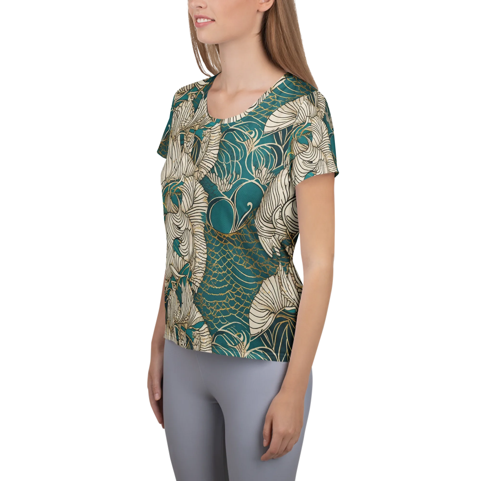 Teal Tidal Bloom on Women's Athletic T-Shirt — Left