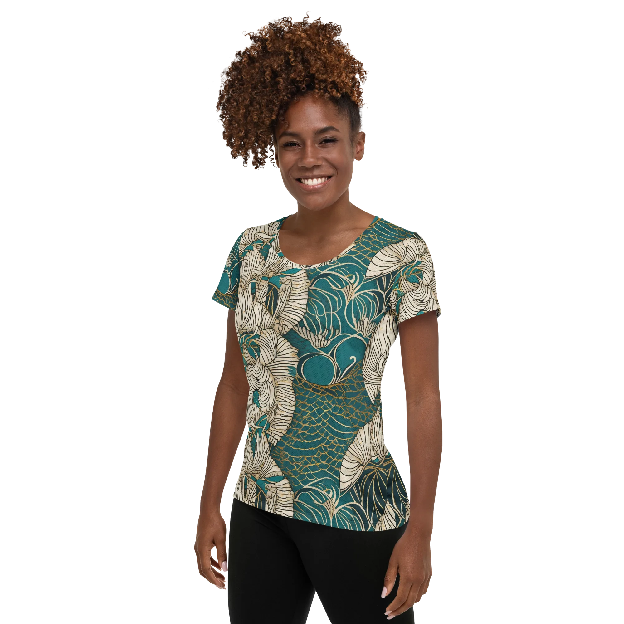 Teal Tidal Bloom on Women's Athletic T-Shirt — Left