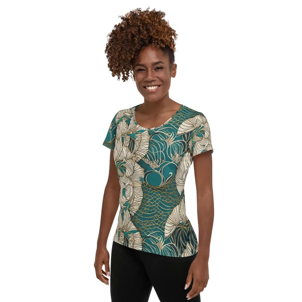 Teal Tidal Bloom on Women's Athletic T-Shirt — Left