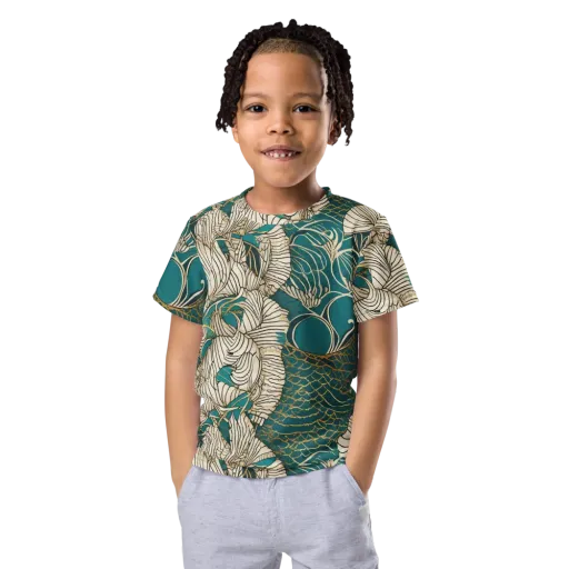 Teal Tidal Bloom on a Kids Crew Neck T-Shirt