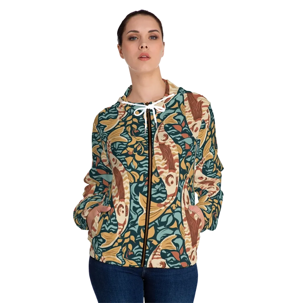 Koi After Midnight on Women's Full-Zip Hoodie — Front On Person