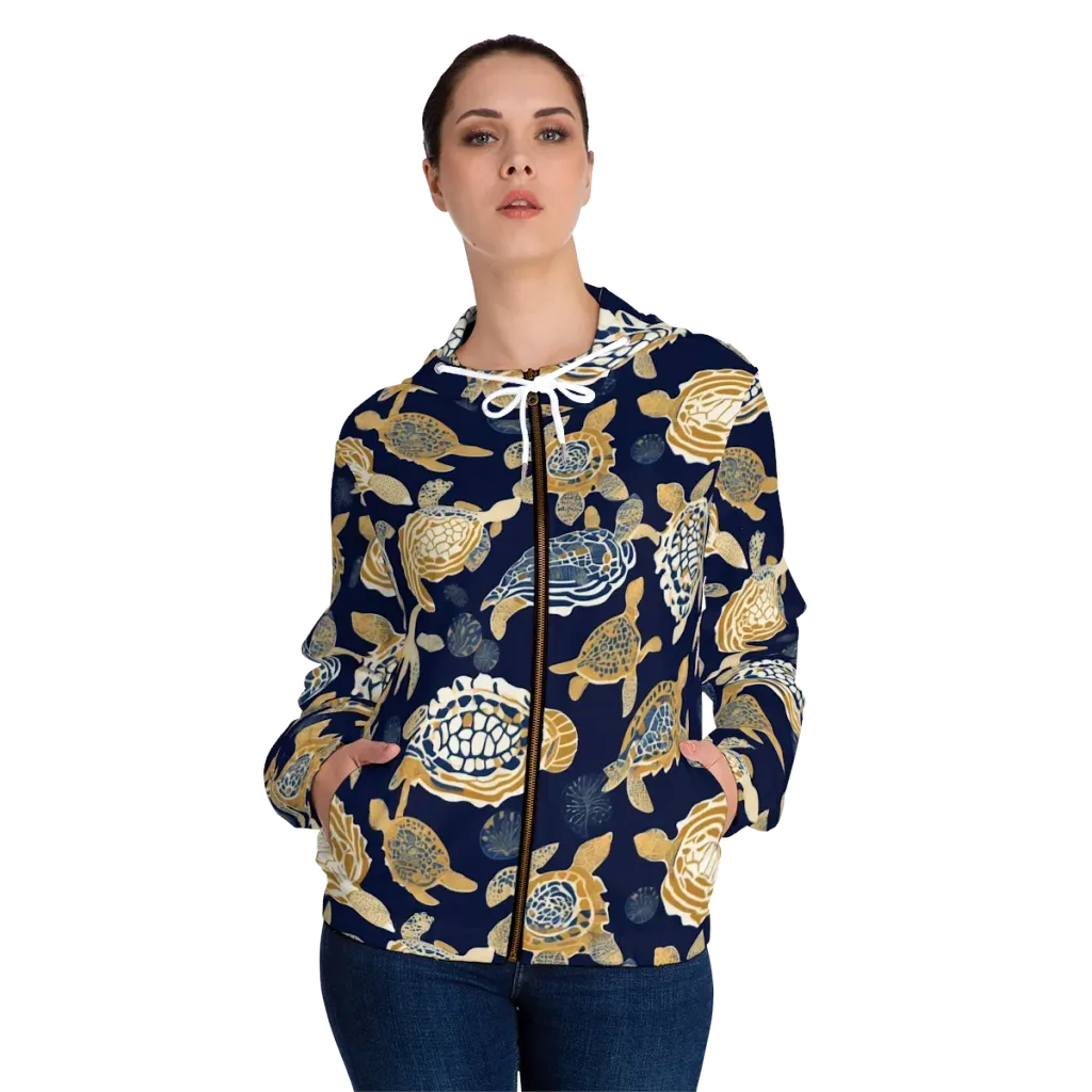 Navy Tidal Garden on Women's Full-Zip Hoodie — Front On Person