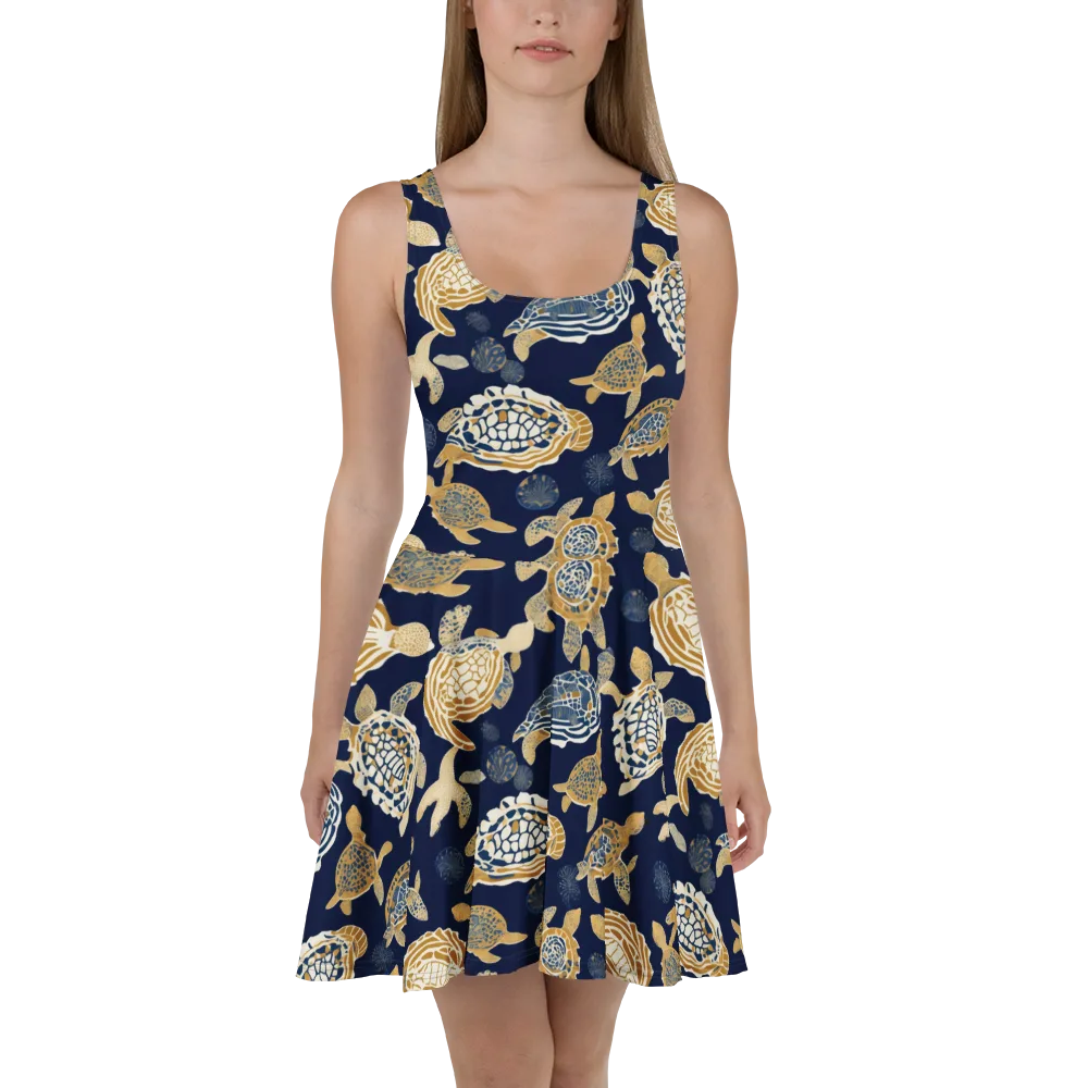 Navy Tidal Garden on Skater Dress — Front