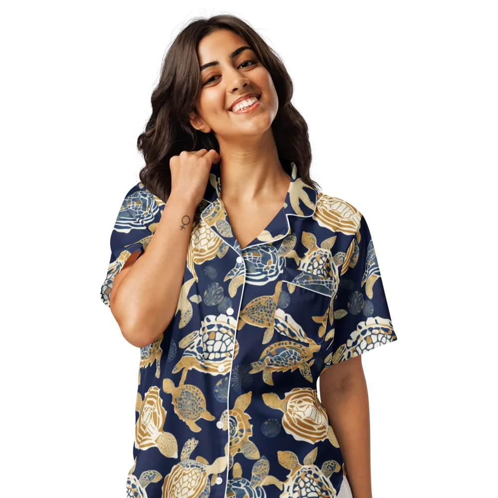 Navy Tidal Garden on Women's Short Sleeve Pajama Top — Front