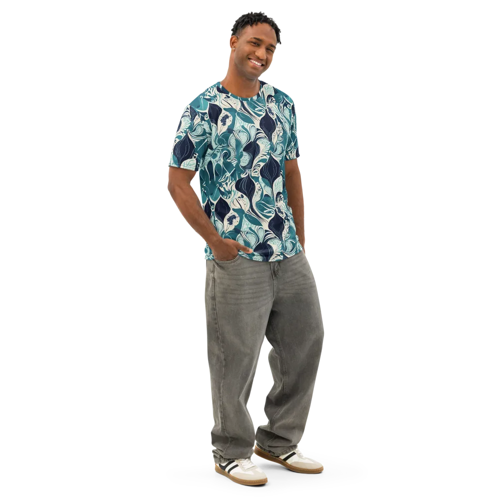 Indigo Tidal Garden on Men's Cotton Crew Neck T-Shirt — Right Front