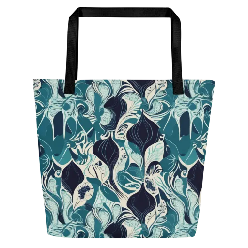 Indigo Tidal Garden on a Large Tote Bag W/ Pocket