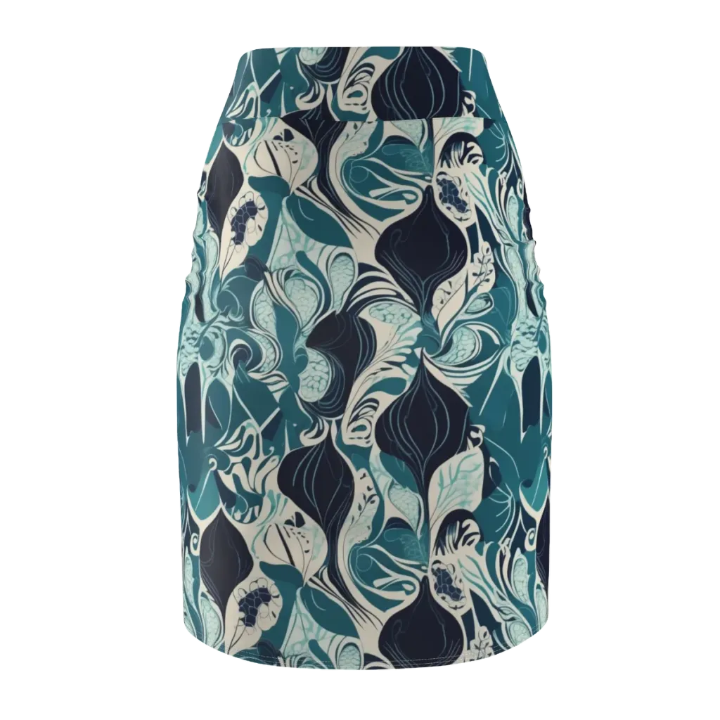 Indigo Tidal Garden on Pencil Skirt — Back