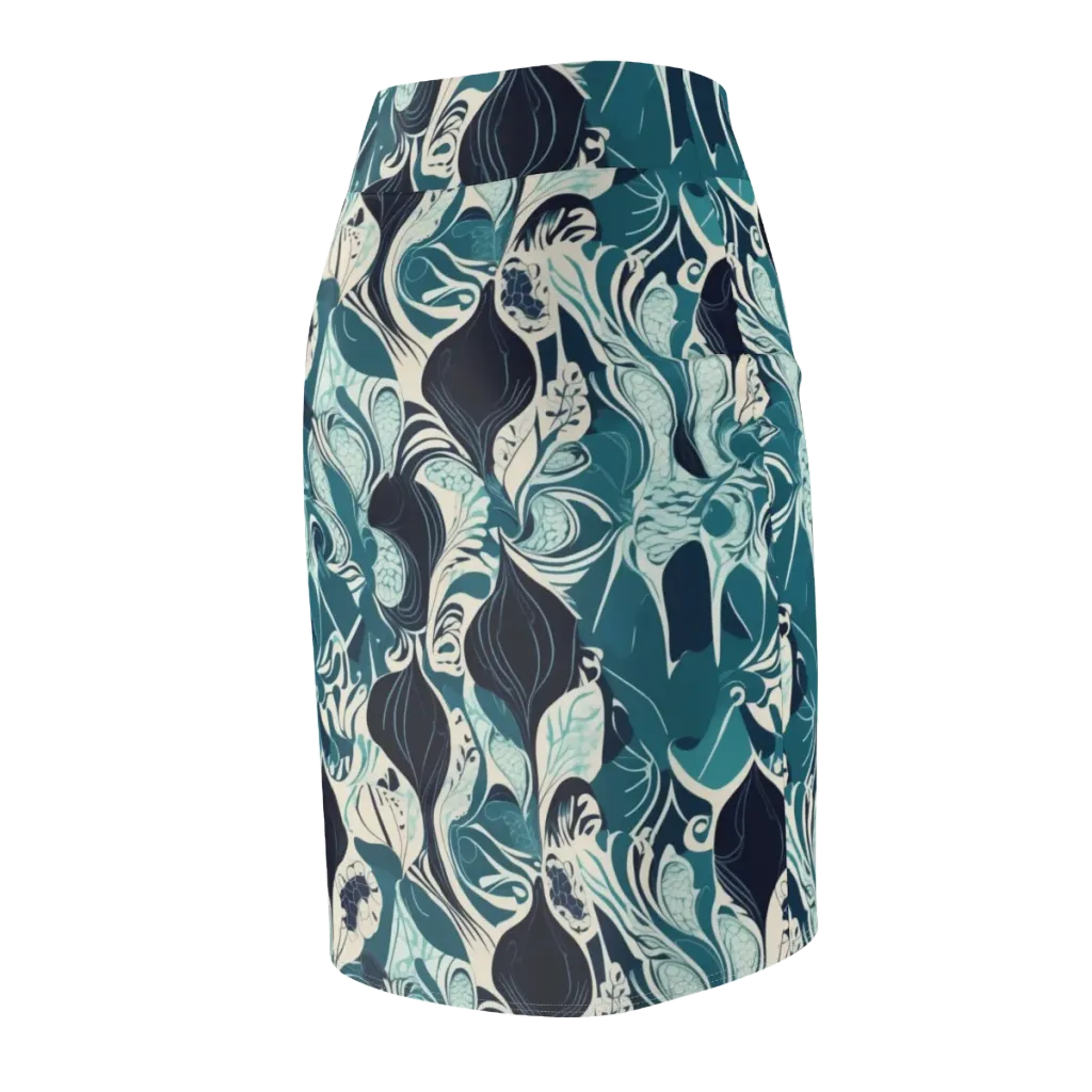 Indigo Tidal Garden on Pencil Skirt — Back Side