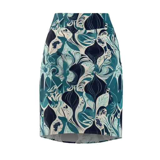 Indigo Tidal Garden on a Pencil Skirt