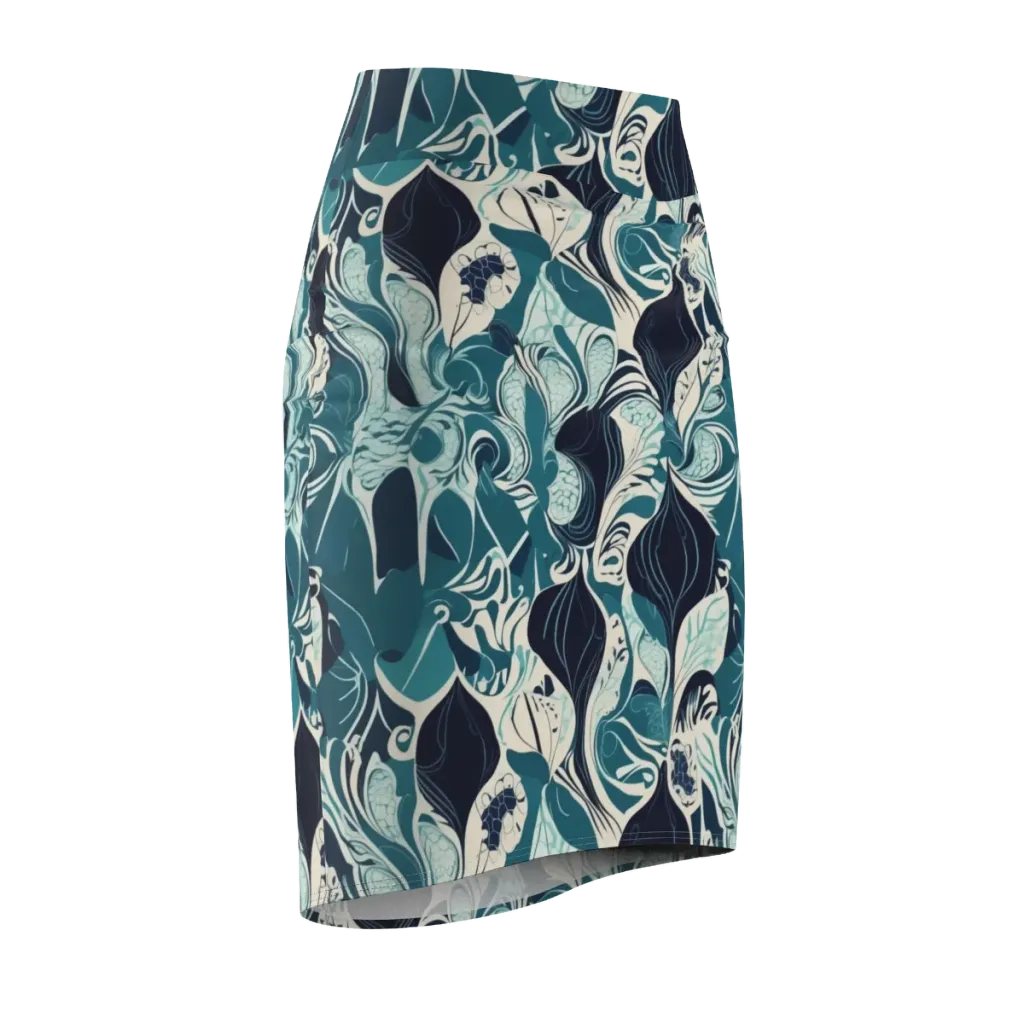 Indigo Tidal Garden on Pencil Skirt — Front Side