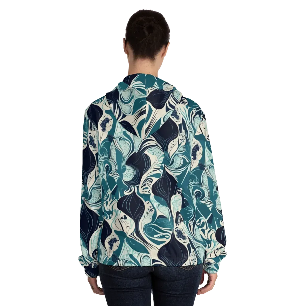Indigo Tidal Garden on Women's Full-Zip Hoodie — Back On Person