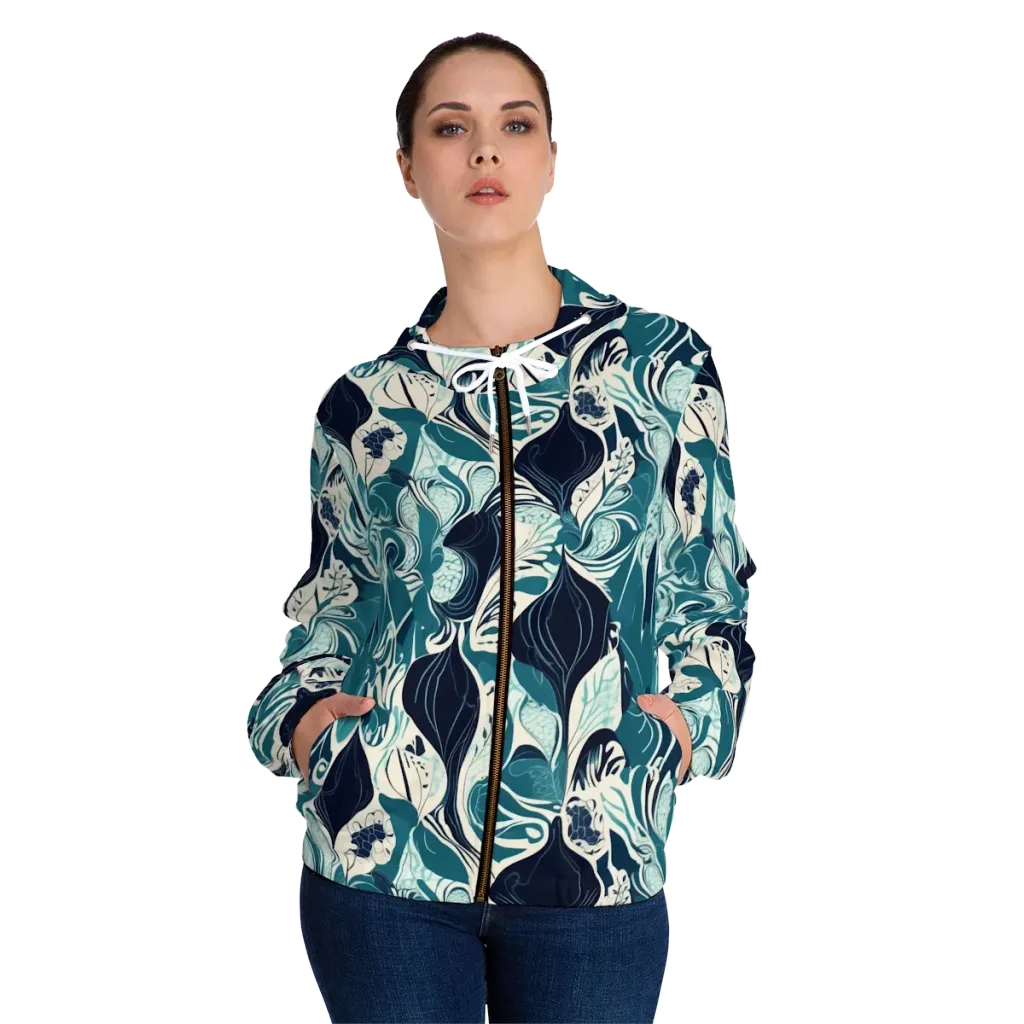 Indigo Tidal Garden on Women's Full-Zip Hoodie — Front On Person